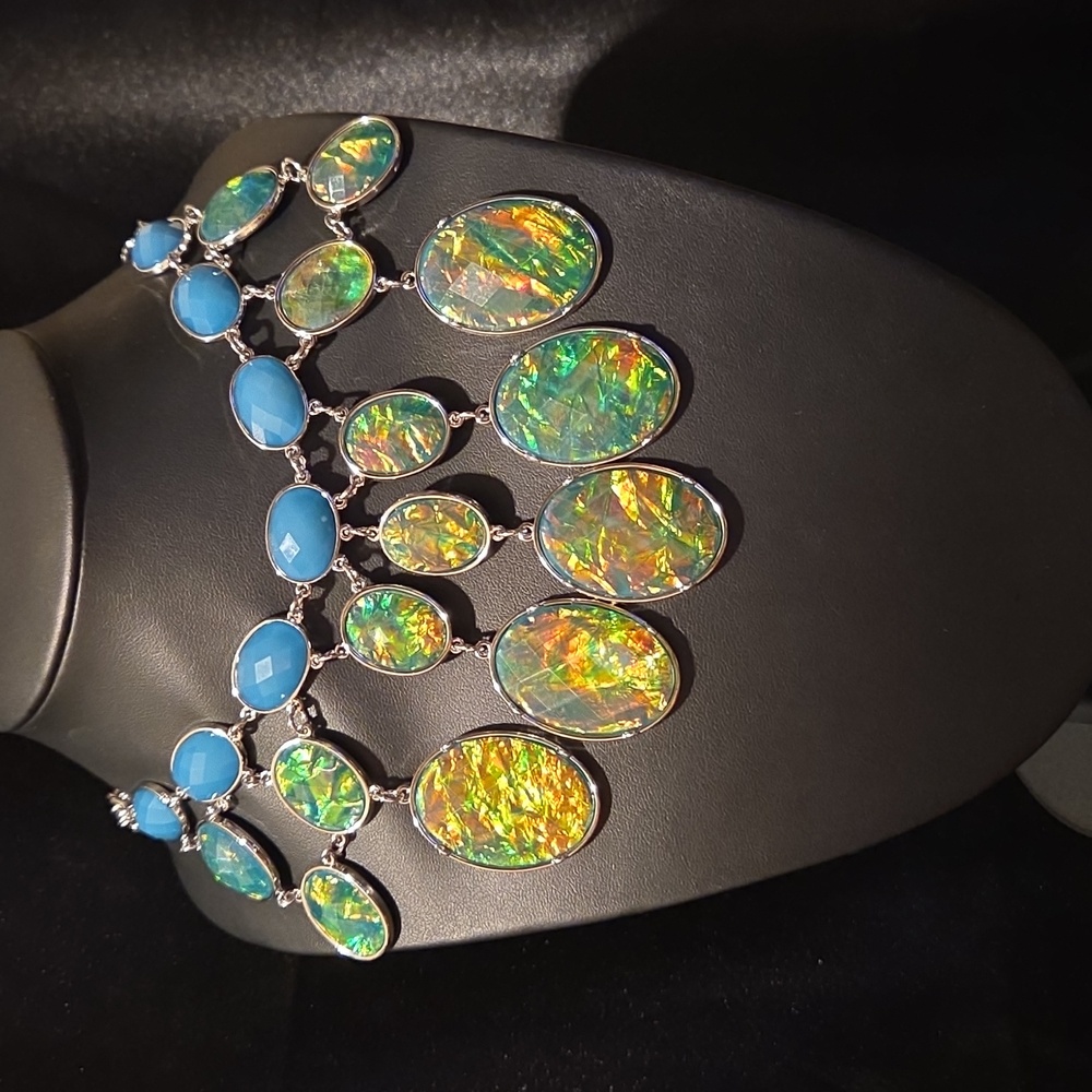 New Faceted Acrylic Dichroic & Teal Rhintone Statement Necklace